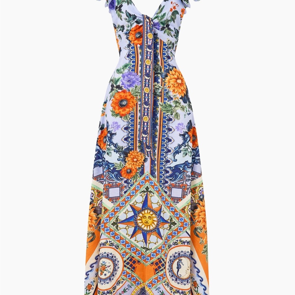 Camilla Lucious in Lisbon Vibrant Orange and Blue Maxi Dress Linen and Silk